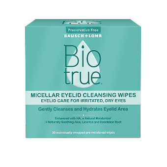 box containing 30 individually wrapped, pre-moistened wipes of Bausch + Lomb Biotrue® Micellar Eyelid Cleansing Wipes